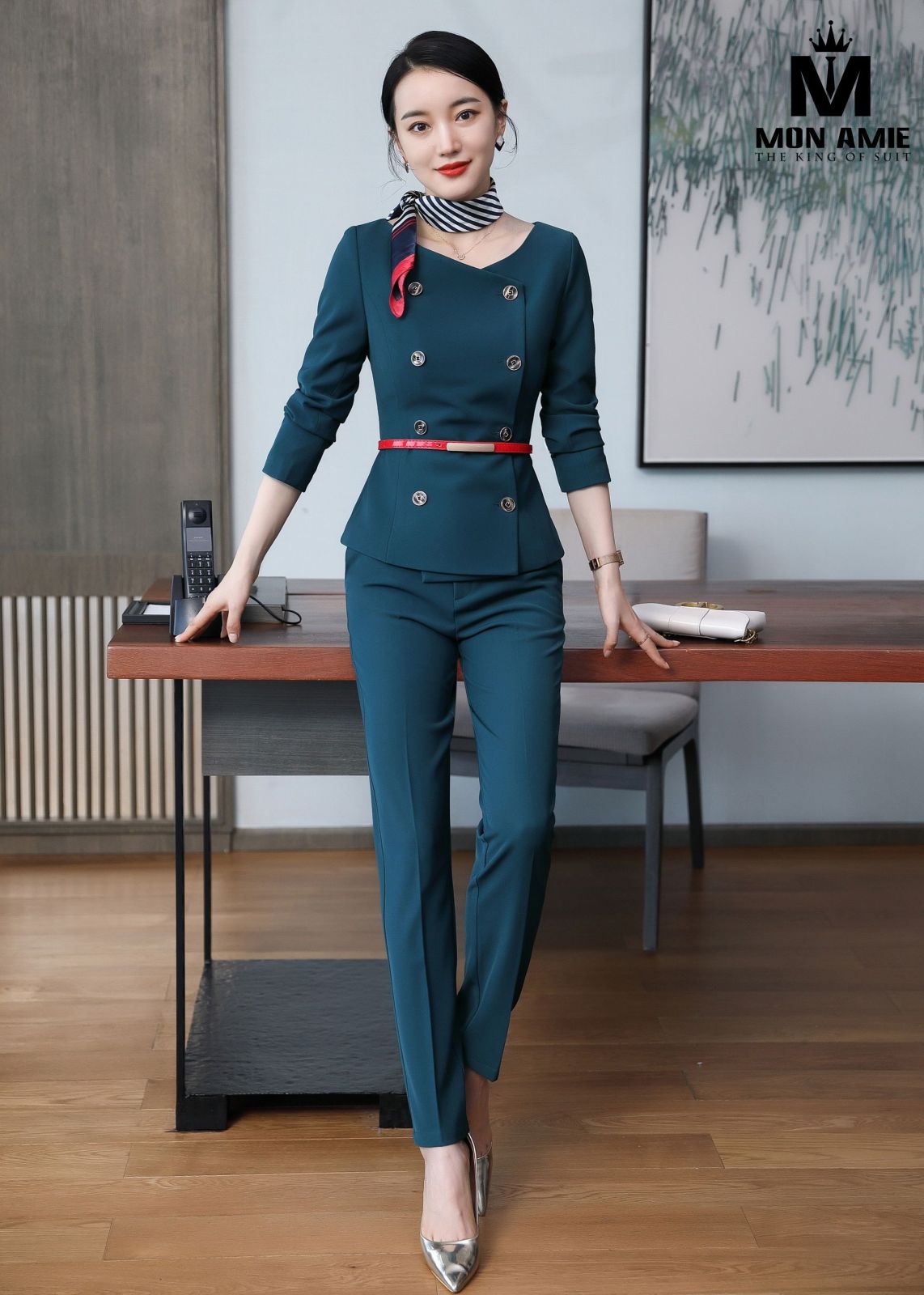 Teal Double Breasted Suit With Tulip Skirt Trousers 